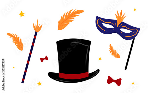 Colorful carnival decorations featuring a top hat, mask, and feathers