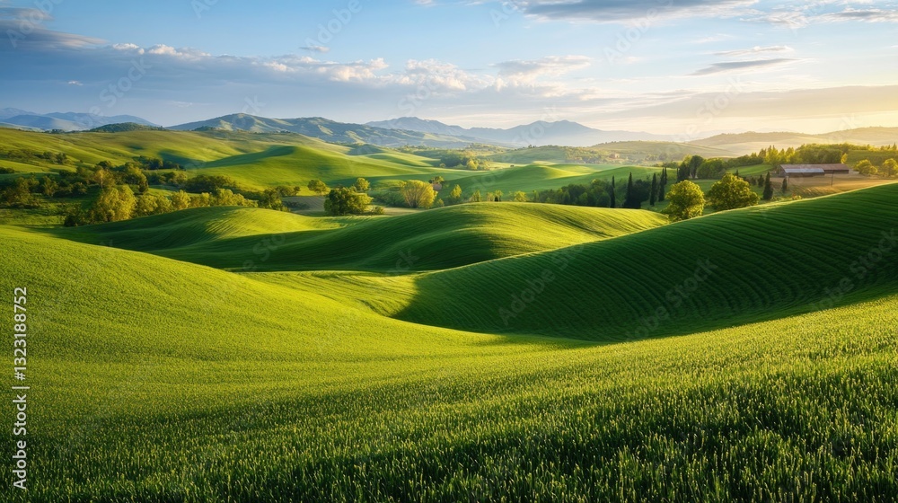 Obraz premium Green rolling hills of fields under a bright summer sky