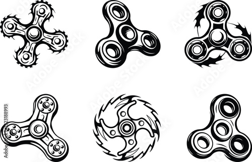 Stylish Metal fidget spinner toy line art isolated vector art, Metal fidget spinner toy silhouette vector illustration set