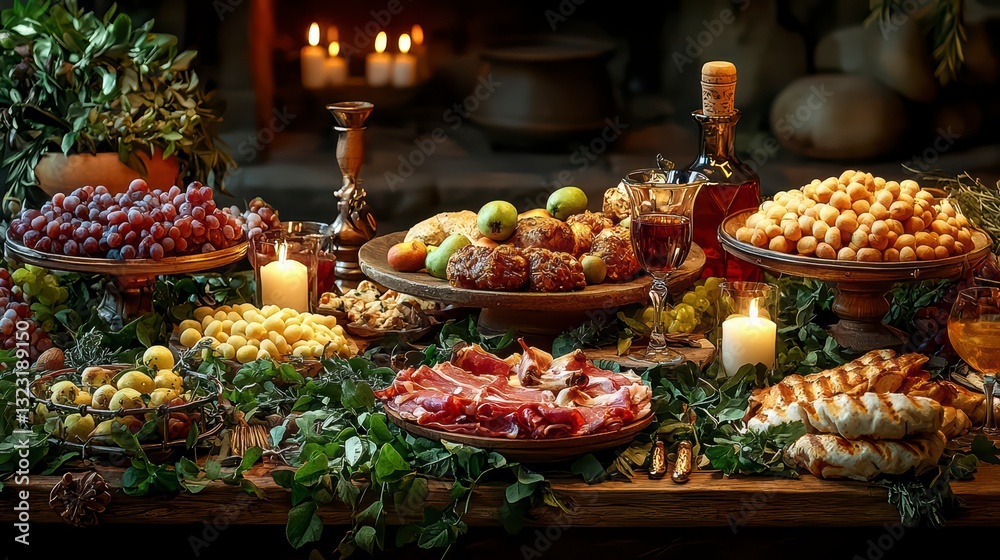 A Festive Feast: An array of delicious food, including grapes, snacks, and delicacies, adorn a rustic wooden table, creating a scene of abundance and celebration with candles lit. A Festive Feast: An array of delicious food, including grapes, snacks, and delicacies, adorn a rustic wooden table, creating a scene of abundance and celebration with candles lit.