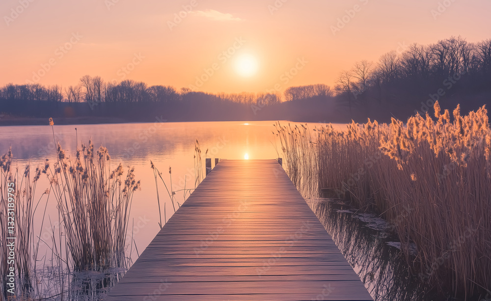 Naklejka premium A wooden dock stretching into a calm lake at sunset, capturing the peaceful and scenic beauty of the moment. Perfect for travel, landscape, and serene visuals.
