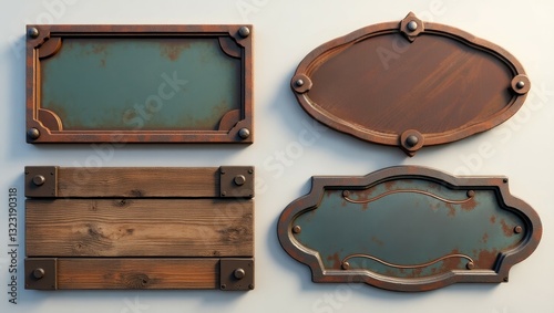 Rustic Metal and Wooden Signboards Vintage Blank Retro Design Elements