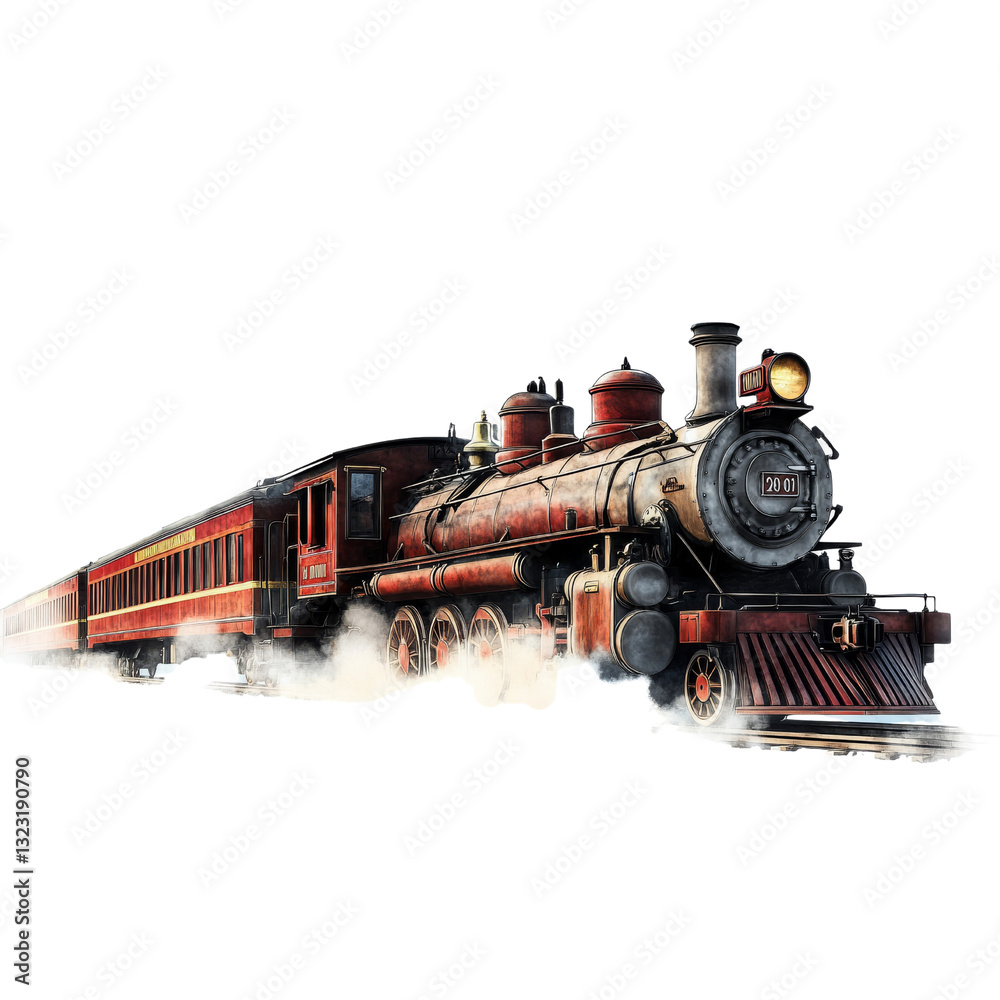 Obraz premium A vintage steam locomotive with a passenger car, emitting steam and smoke.
