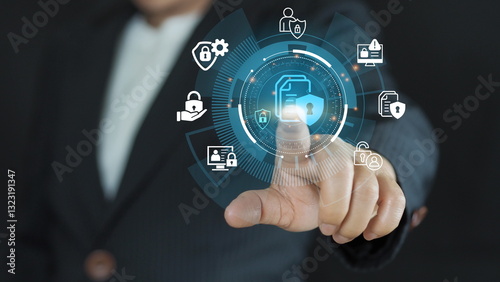 Businessman touching data privacy principles, lawfulness and transparency, data minimization strategies, accuracy and integrity,Data Privacy.