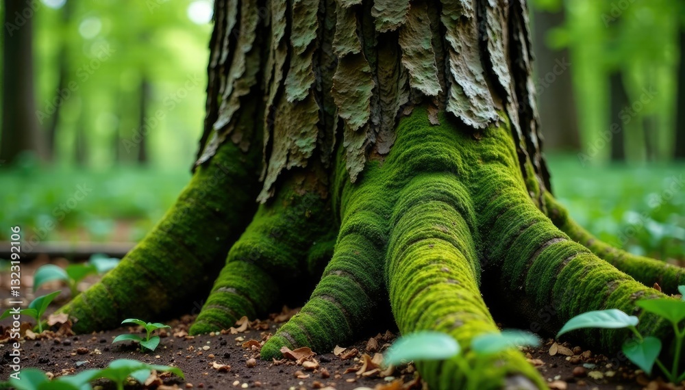 Tree trunk with a layer of moss growing through the cracks in the bark, forest, scenery, weathered Tree trunk with a layer of moss growing through the cracks in the bark, forest, scenery, weathered