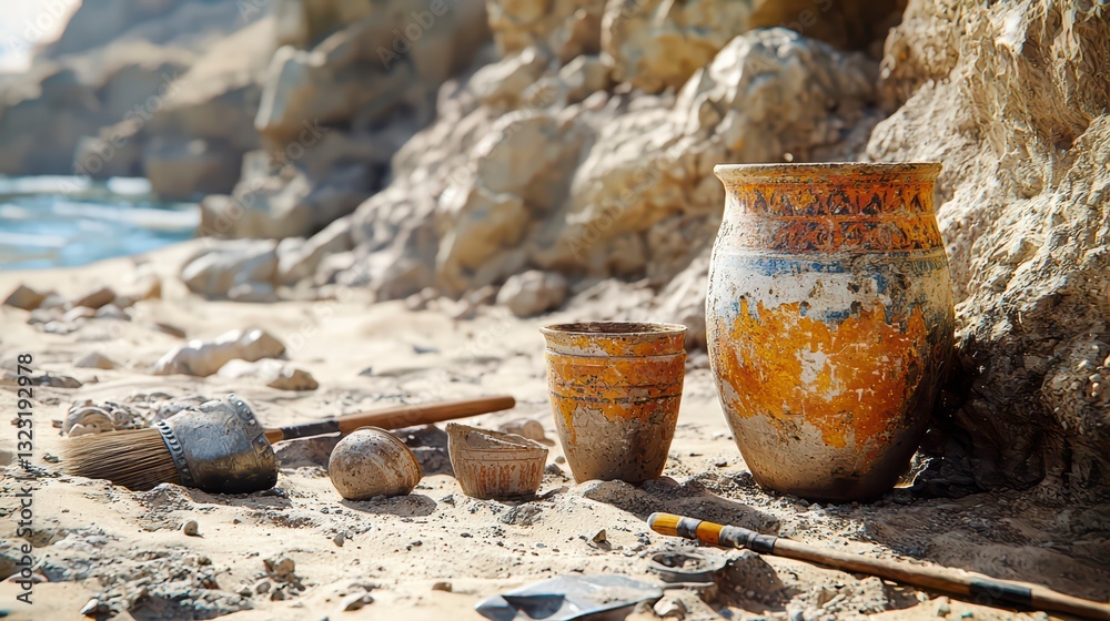 Ancient Pottery: A weathered clay pots and tools rests on a sandy beach near rock and water, evoking history and archaeological discoveries Ancient Pottery: A weathered clay pots and tools rests on a sandy beach near rock and water, evoking history and archaeological discoveries
