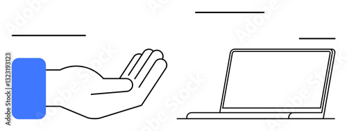 Open hand extended next to a laptop suggesting guidance, technology access, or digital assistance. Ideal for themes thumbs up support, online learning, collaboration, innovation, inclusivity