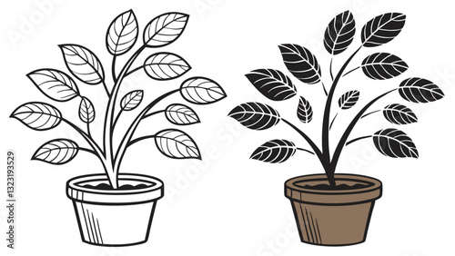 Black and white hand-drawn potted plant vector illustrations set, minimalist botanical clipart collection, modern houseplant silhouette design for decor, stickers, and prints
