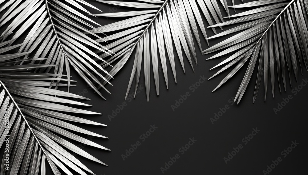 Obraz premium Seamless symmetrical silver palm leaves on matte black, refined Art Deco botanical pattern, sophisticated 1920s-inspired high-end elegance