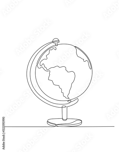 Minimalist one line drawing of a globe on a stand. Simple, elegant, and continuous line art concept, ideal for education, geography, travel, or global business themes. Vector Editable stroke