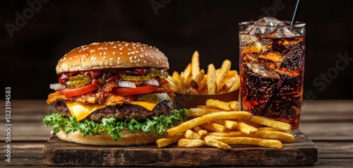A tempting fast food meal with a giant cheeseburger stacked high with toppings, crunchy fries, and a refreshing cold drink on a rustic wooden table