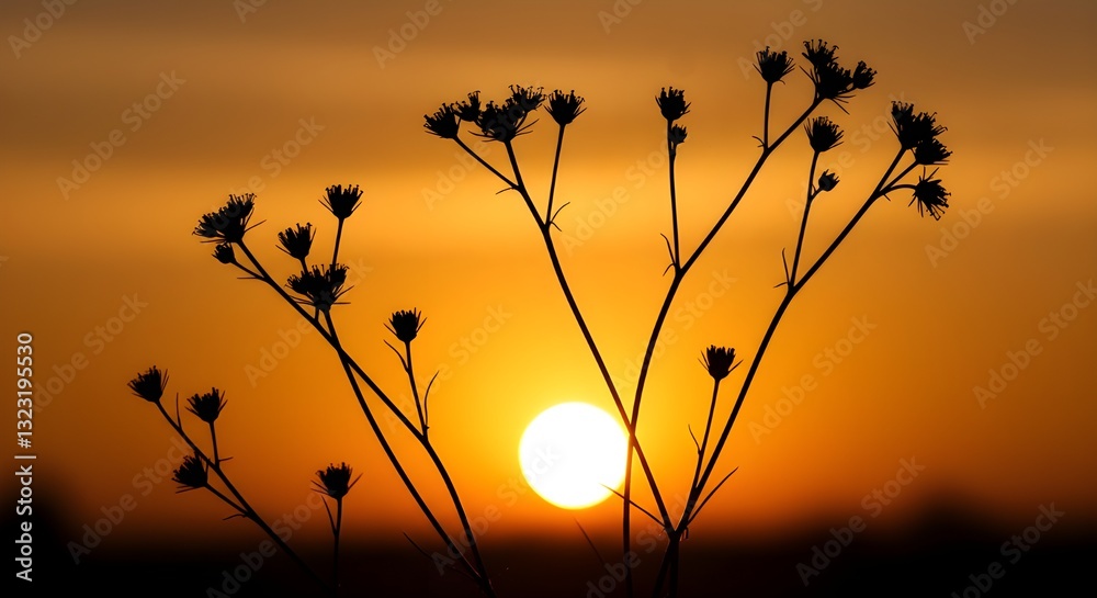 Obraz premium Silueta de flores silvestres contra un atardecer dorado – Fondo de naturaleza