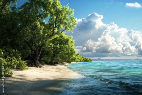 Serene mangrove forest thriving along the shoreline, showcasing nature's beauty and coastal resilience.