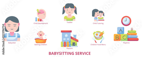Babysitting Service Flat Banner Web Icon Set Vector Illustration, Babysitter Daycare Toddler Playtime Bathing Children Food Menu Tutoring Development