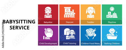 Babysitting Service Glyph Solid Banner Web Icon Set Vector Illustration, Babysitter Daycare Toddler Playtime Bathing Children Food Menu Tutoring Development