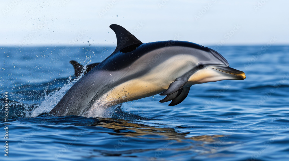 Fototapeta premium Majestic dolphin leaping out of the clear blue ocean water creating a splash in a stunning minimalist style