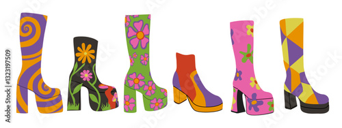 Vector set of retro 70s platform boots with bold patterns, psychedelic swirls, florals, and geometric designs. Colorful vintage footwear illustration perfect for fashion and nostalgia themes.