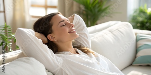 Free Download Serene woman relaxing on couch with hands behind head enjoying peaceful moment indoors - GFXLoad