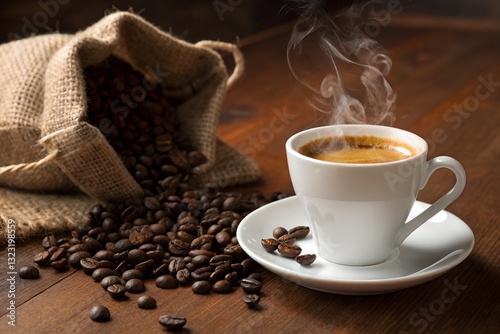 Steaming Espresso in White Cup with Coffee Beans and Burlap Sack on Rustic Wooden Table