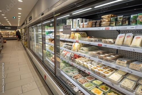 Supermarket refrigerated section displays fresh salads and ready meals for convenient food shopping