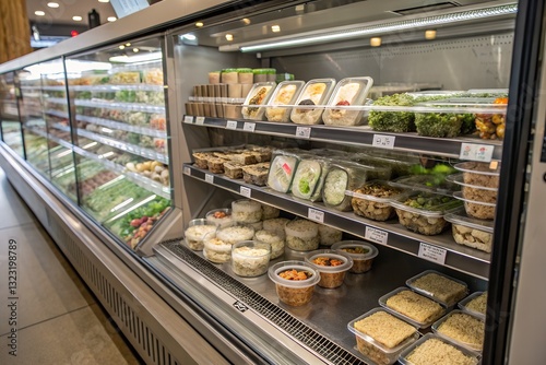 Supermarket refrigerated display case filled with healthy ready-to-eat meals and fresh salads