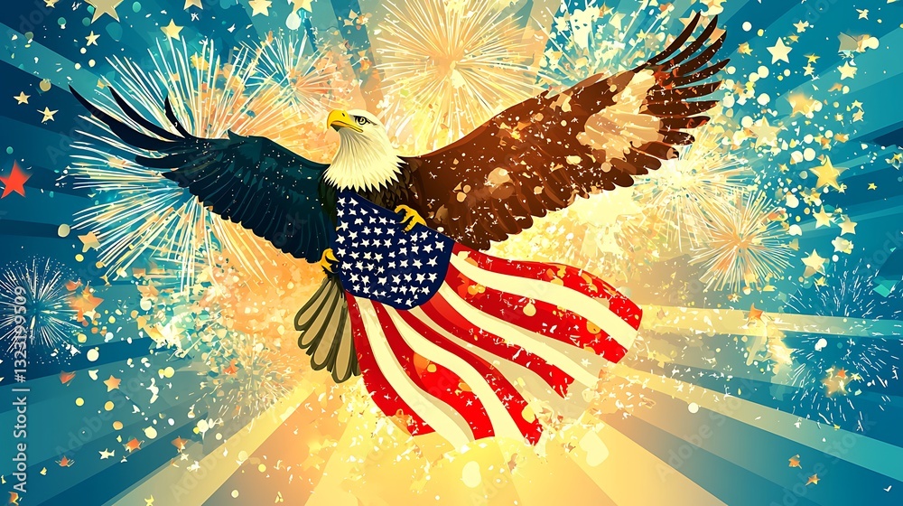 Fototapeta premium Majestic eagle with American flag amidst vibrant fireworks