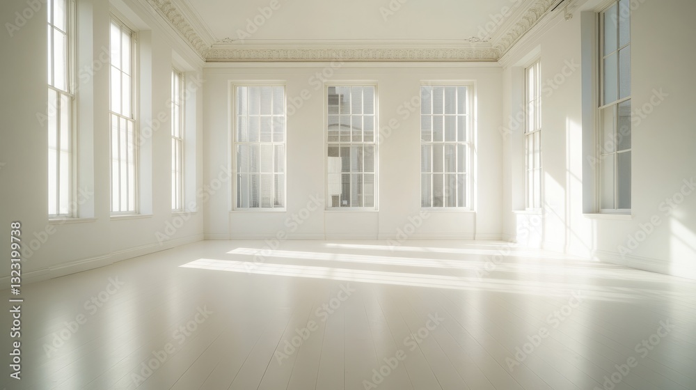 Bright and Airy Minimalist Interior Space with Sunlight Streaming Through White Windows Bright and Airy Minimalist Interior Space with Sunlight Streaming Through White Windows