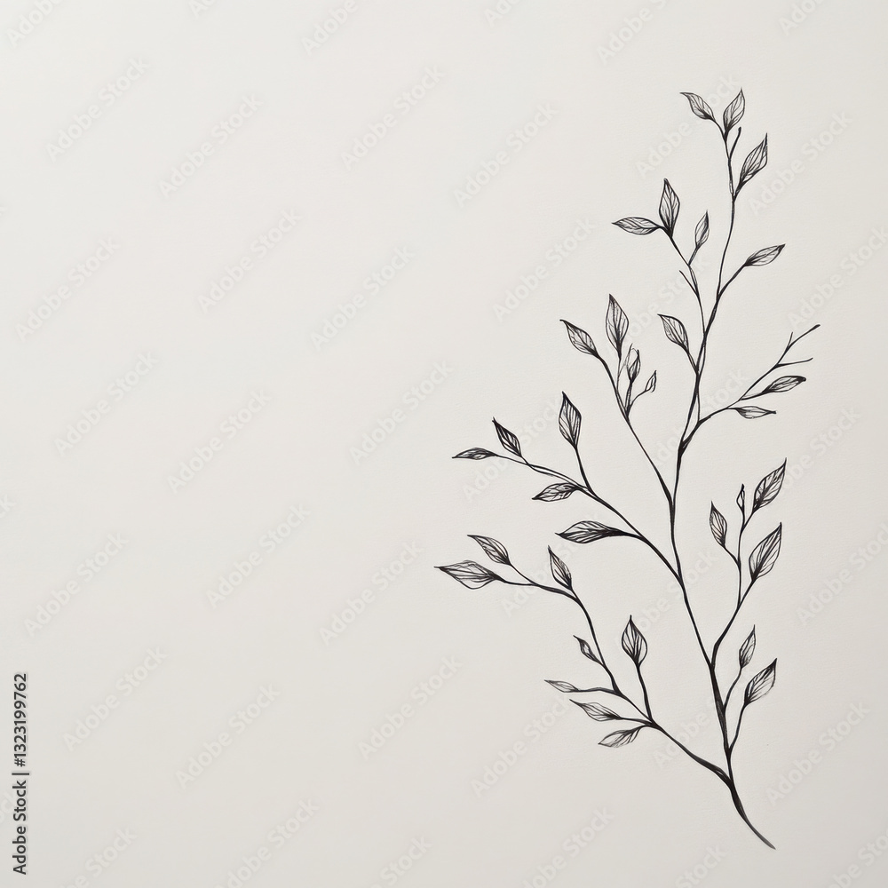 Fototapeta premium A simple yet realistic line drawing of a tree branch with tiny leaves, shaded delicately, placed at the bottom corner of a white sheet.