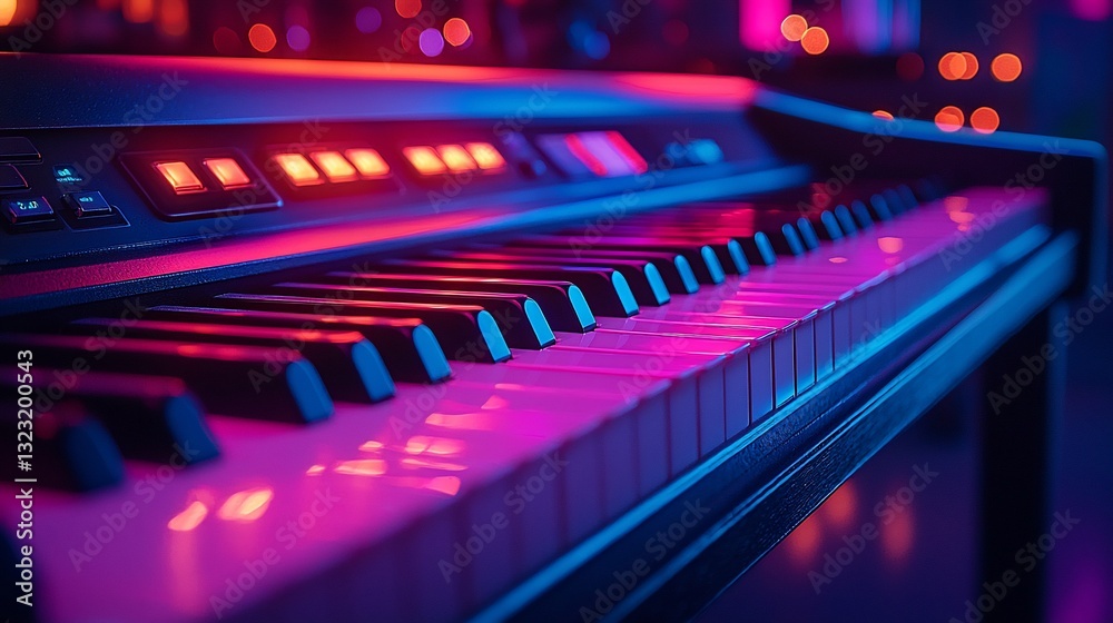 Close-up view of a vibrant electric piano keyboard with colorful lights in a music venue Close-up view of a vibrant electric piano keyboard with colorful lights in a music venue