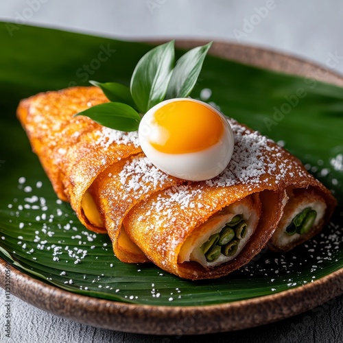 Beautifully Arranged Khanom Buang Set with Crispy Texture and Garnish photo
