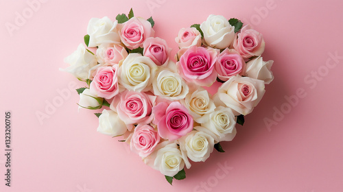 Heart-shaped arrangement of pink and white roses on a pink background.