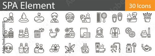 Spa Elements Line Icons Set. Collection of 30 outline icons representing relaxation, wellness, beauty treatments, and self-care. Editable stroke vector illustration.