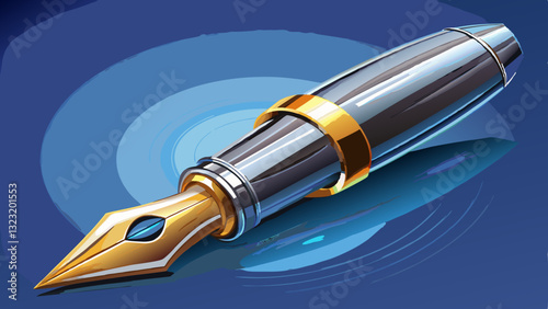 Close-up of a sleek fountain pen tip with a shiny metallic finish, set against a soft blue background.