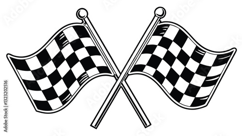 "Black and White Checkered Racing Flags Crossed Icon – Vector Illustration for Motorsport, Race Finish, and Speed Competition Design"