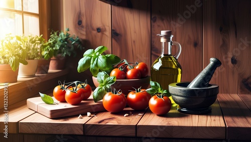 Rustic wooden kitchen setup with fresh tomatoes, basil leaves, olive oil, and a mortar and pestle, illuminated by warm sunlight.