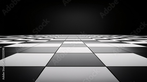 A giant chessboard where the pieces appear larger the closer they get, creating a forced perspective illusion. The black and white tiles seem to stretch infinitely into the horizon. Moody lighting,