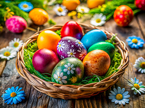 Happy Easter, colorful painted eggs. Holiday food background