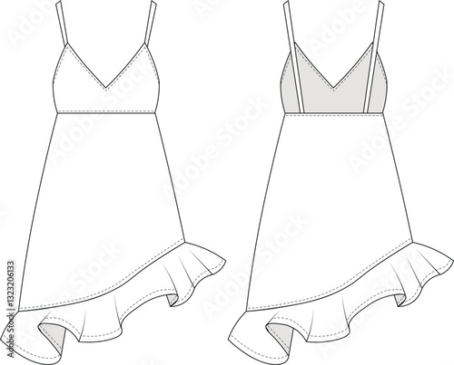 sleeveless strapped strappy spaghetti straps asymmetric frilly frilled frill hem short mini a line elastic dress template technical drawing flat sketch cad mockup fashion woman design style model 
