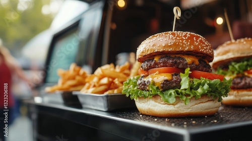 Savory burger layers stacked high with succulent beef patties, vibrant tomatoes, and crisp lettuce, complemented by a side of golden fries during a lively food truck gathering