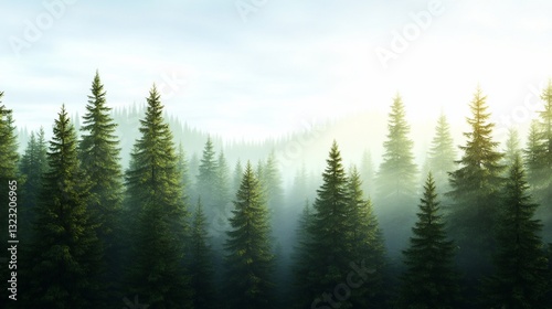 Misty mountain forest sunrise; nature background
