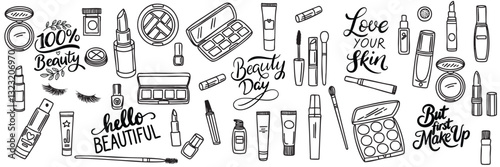 Big collection of Make up accessories in doodle style. Hand drawn vector art 