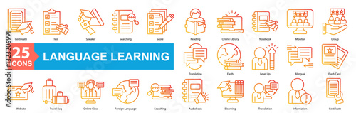 Language Learning Icon Sheet Certificate, Translation, Audiobook, Test, Speaker, Searching, Score, Reading, Online Library, Notebook, Monitor, Group