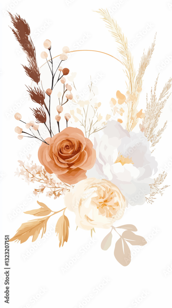 Vintage Floral Arrangement with Rust Orange Roses and Pampas Grass in Minimalist Vector Art