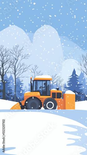 Cartoon Snow Removal Tractors in Action on Winter Park Pathways for Municipal Services