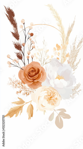 Vintage Floral Arrangement with Rust Orange Roses and Pampas Grass in Minimalist Vector Art