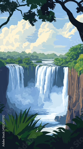 Stunning Vector Art of Victoria Falls in Zambia with Lush Greenery and Blue Sky