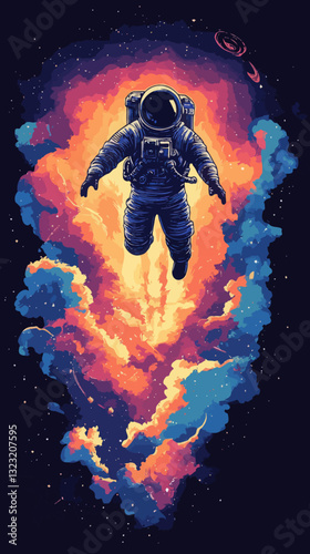 Fearless Astronaut Floating Above Nebula in Minimalist SVG Vector Art Space Exploration