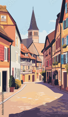 Colorful Colmar Village Street View in Alsace France - Minimalist Vector Art