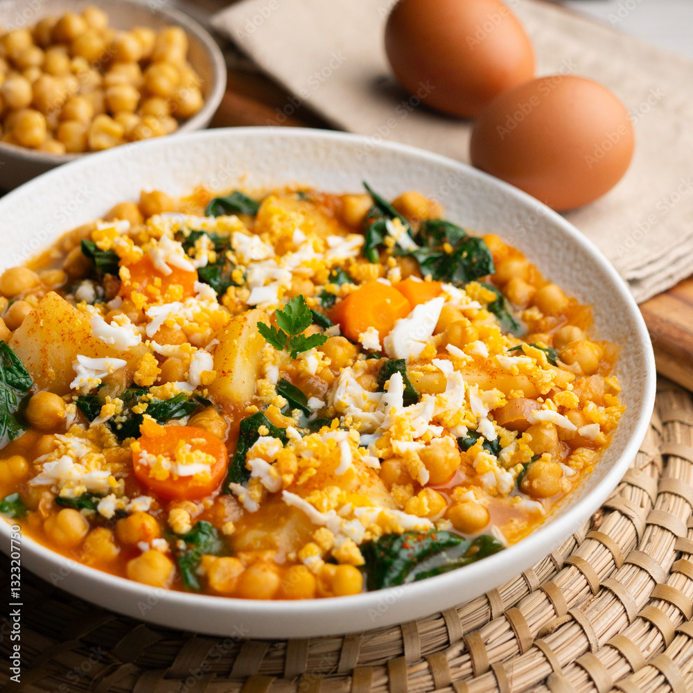 Delicious stew of potatoes and chickpeas stewed with spinach, vegetables and boiled egg. Traditional Spanish recipe. Delicious stew of potatoes and chickpeas stewed with spinach, vegetables and boiled egg. Traditional Spanish recipe.