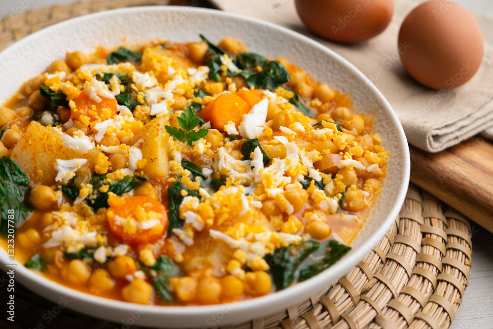 Delicious stew of potatoes and chickpeas stewed with spinach, vegetables and boiled egg. Traditional Spanish recipe.